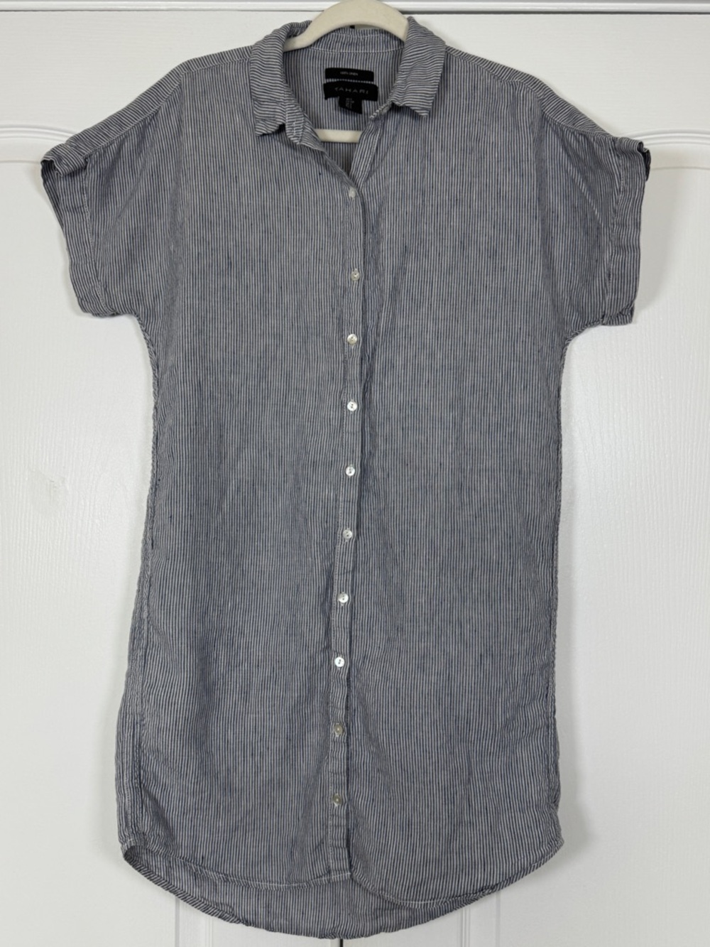 Tahari 100% Linen Stripe Shirtdress Navy White Short Sleeve Button Down Small